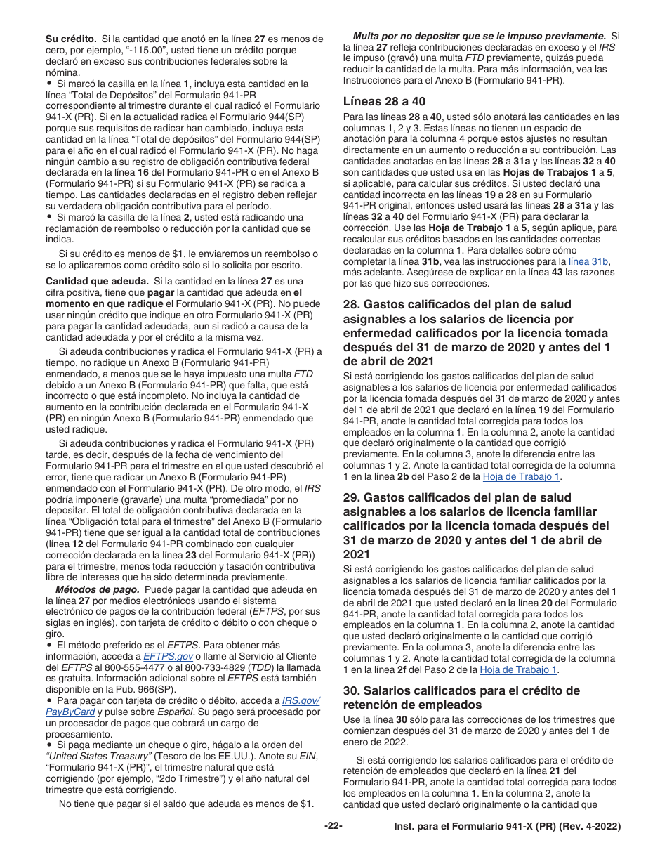 Instrucciones para IRS Formulario 941-X (PR) Ajuste a La Declaracion Federal Trimestral Del Patrono O Reclamacion De Reembolso (Puerto Rican Spanish), Page 22