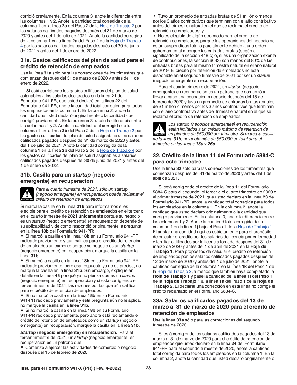 Instrucciones para IRS Formulario 941-X (PR) Ajuste a La Declaracion Federal Trimestral Del Patrono O Reclamacion De Reembolso (Puerto Rican Spanish), Page 23