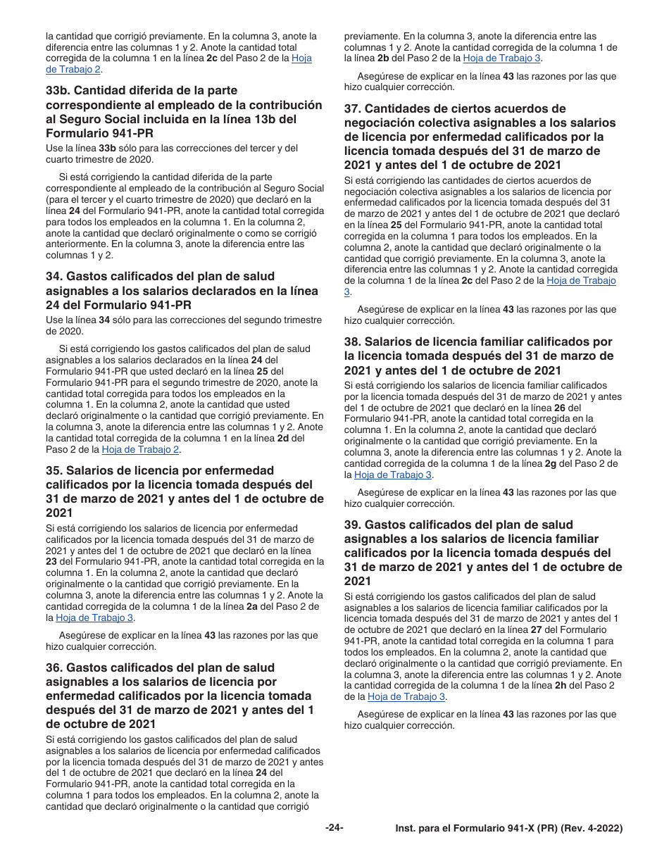 Instrucciones para IRS Formulario 941-X (PR) Ajuste a La Declaracion Federal Trimestral Del Patrono O Reclamacion De Reembolso (Puerto Rican Spanish), Page 24