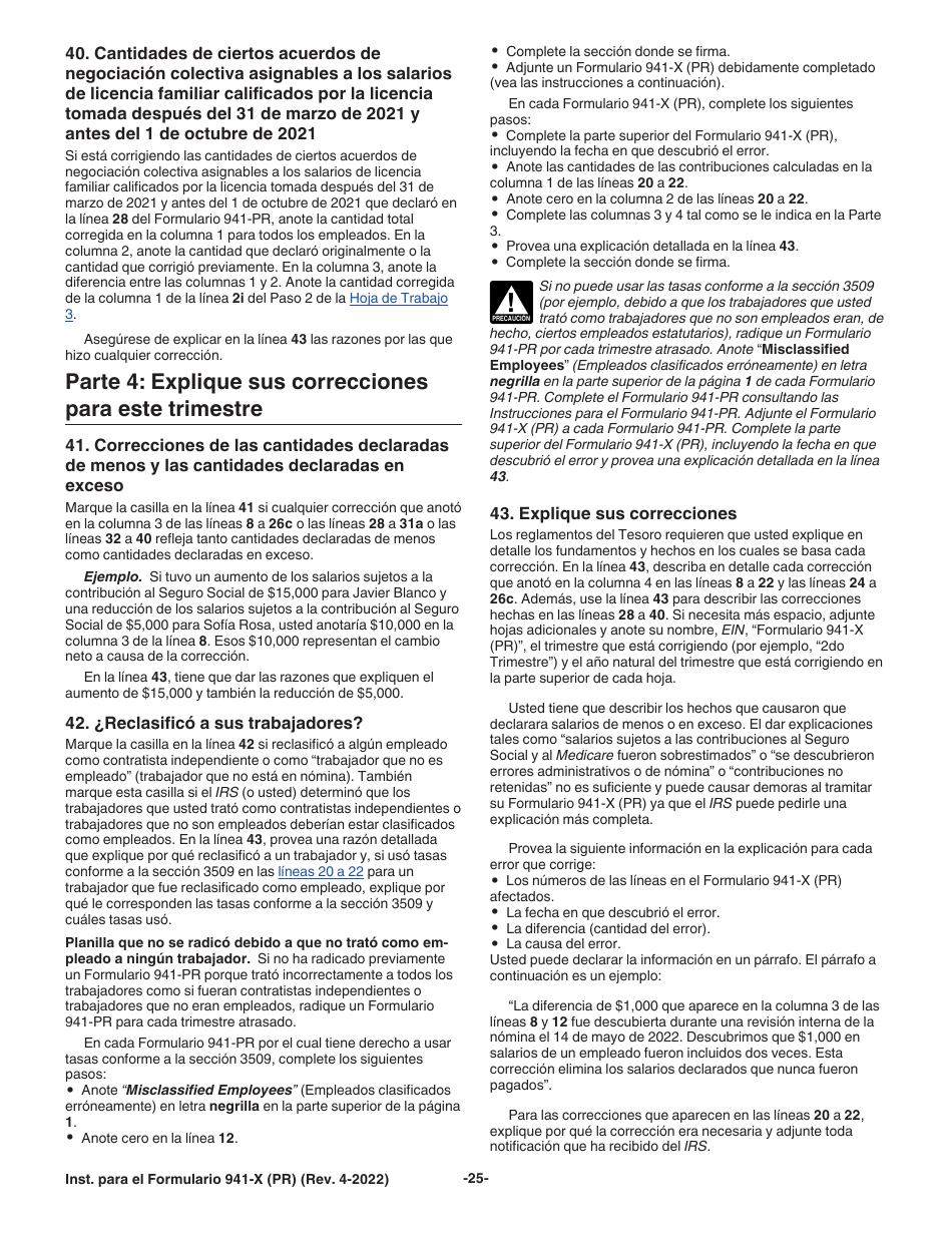 Instrucciones para IRS Formulario 941-X (PR) Ajuste a La Declaracion Federal Trimestral Del Patrono O Reclamacion De Reembolso (Puerto Rican Spanish), Page 25