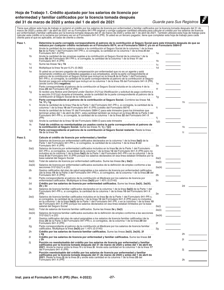 Instrucciones para IRS Formulario 941-X (PR) Ajuste a La Declaracion Federal Trimestral Del Patrono O Reclamacion De Reembolso (Puerto Rican Spanish), Page 27