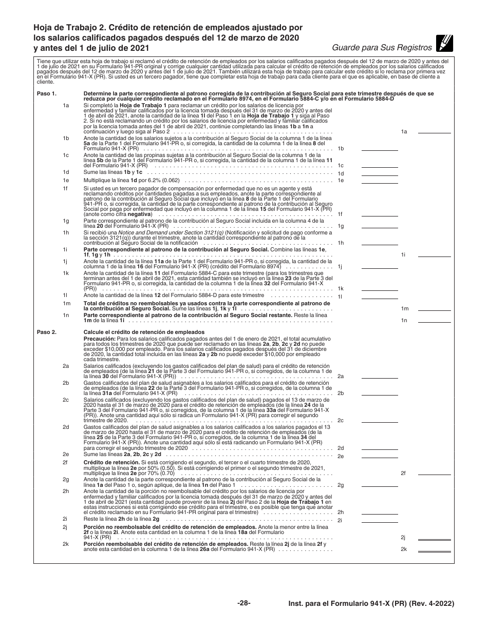 Instrucciones para IRS Formulario 941-X (PR) Ajuste a La Declaracion Federal Trimestral Del Patrono O Reclamacion De Reembolso (Puerto Rican Spanish), Page 28