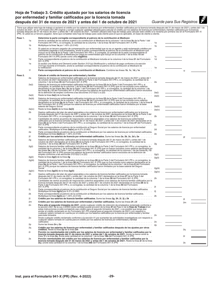 Instrucciones para IRS Formulario 941-X (PR) Ajuste a La Declaracion Federal Trimestral Del Patrono O Reclamacion De Reembolso (Puerto Rican Spanish), Page 29