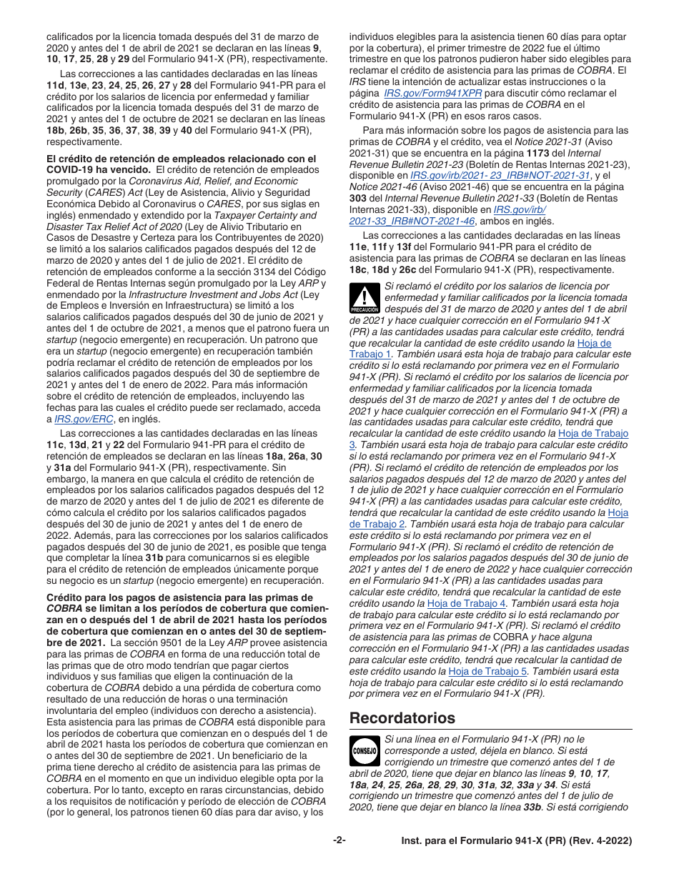 Instrucciones para IRS Formulario 941-X (PR) Ajuste a La Declaracion Federal Trimestral Del Patrono O Reclamacion De Reembolso (Puerto Rican Spanish), Page 2