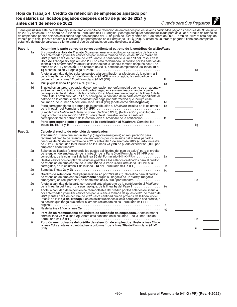 Instrucciones para IRS Formulario 941-X (PR) Ajuste a La Declaracion Federal Trimestral Del Patrono O Reclamacion De Reembolso (Puerto Rican Spanish), Page 30