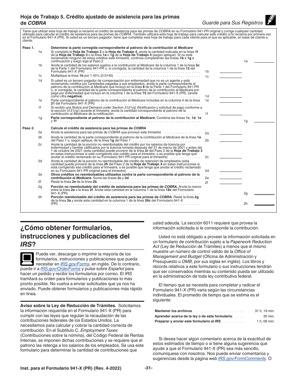Instrucciones para IRS Formulario 941-X (PR) Ajuste a La Declaracion Federal Trimestral Del Patrono O Reclamacion De Reembolso (Puerto Rican Spanish), Page 31