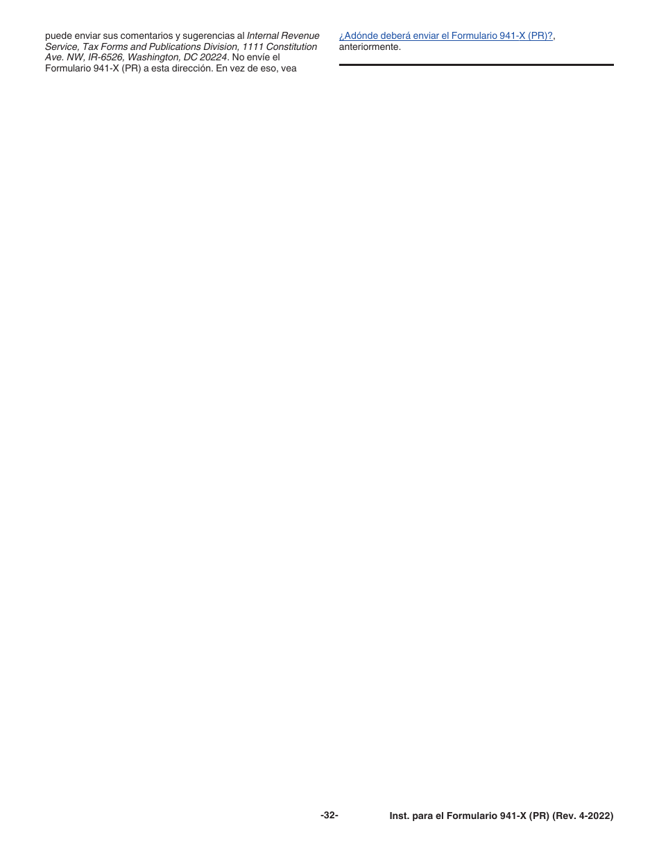 Instrucciones para IRS Formulario 941-X (PR) Ajuste a La Declaracion Federal Trimestral Del Patrono O Reclamacion De Reembolso (Puerto Rican Spanish), Page 32