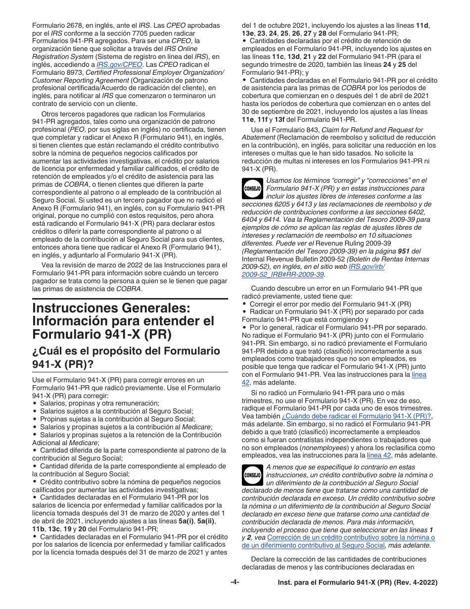 Instrucciones para IRS Formulario 941-X (PR) Ajuste a La Declaracion Federal Trimestral Del Patrono O Reclamacion De Reembolso (Puerto Rican Spanish), Page 4