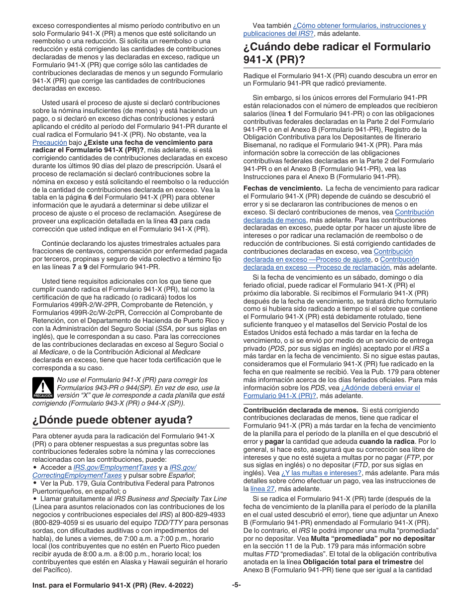 Instrucciones para IRS Formulario 941-X (PR) Ajuste a La Declaracion Federal Trimestral Del Patrono O Reclamacion De Reembolso (Puerto Rican Spanish), Page 5