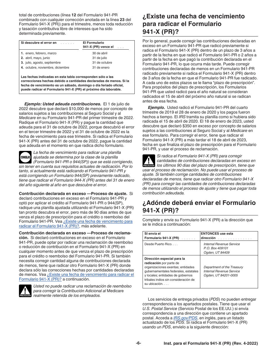 Instrucciones para IRS Formulario 941-X (PR) Ajuste a La Declaracion Federal Trimestral Del Patrono O Reclamacion De Reembolso (Puerto Rican Spanish), Page 6
