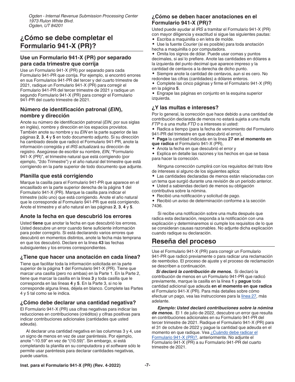 Instrucciones para IRS Formulario 941-X (PR) Ajuste a La Declaracion Federal Trimestral Del Patrono O Reclamacion De Reembolso (Puerto Rican Spanish), Page 7