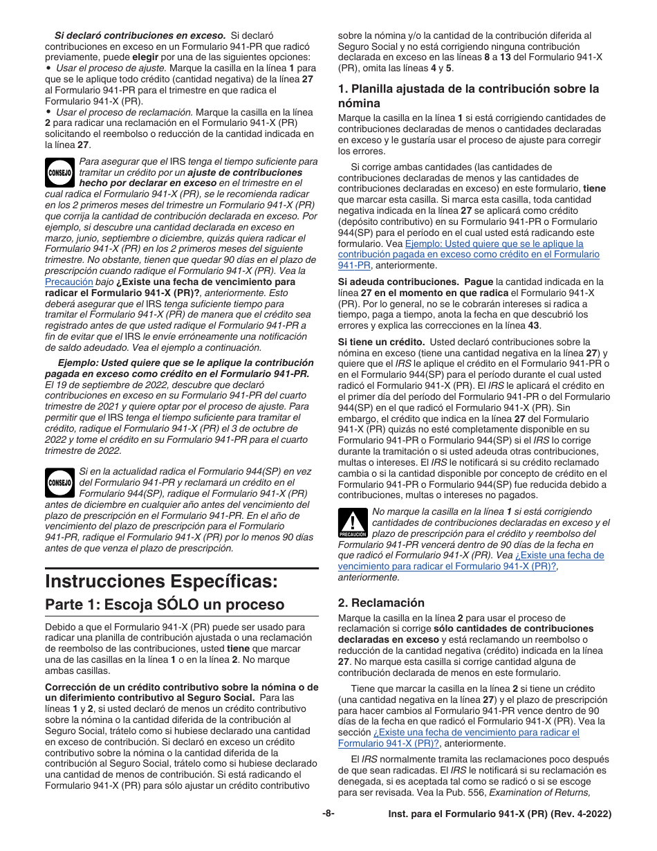 Instrucciones para IRS Formulario 941-X (PR) Ajuste a La Declaracion Federal Trimestral Del Patrono O Reclamacion De Reembolso (Puerto Rican Spanish), Page 8