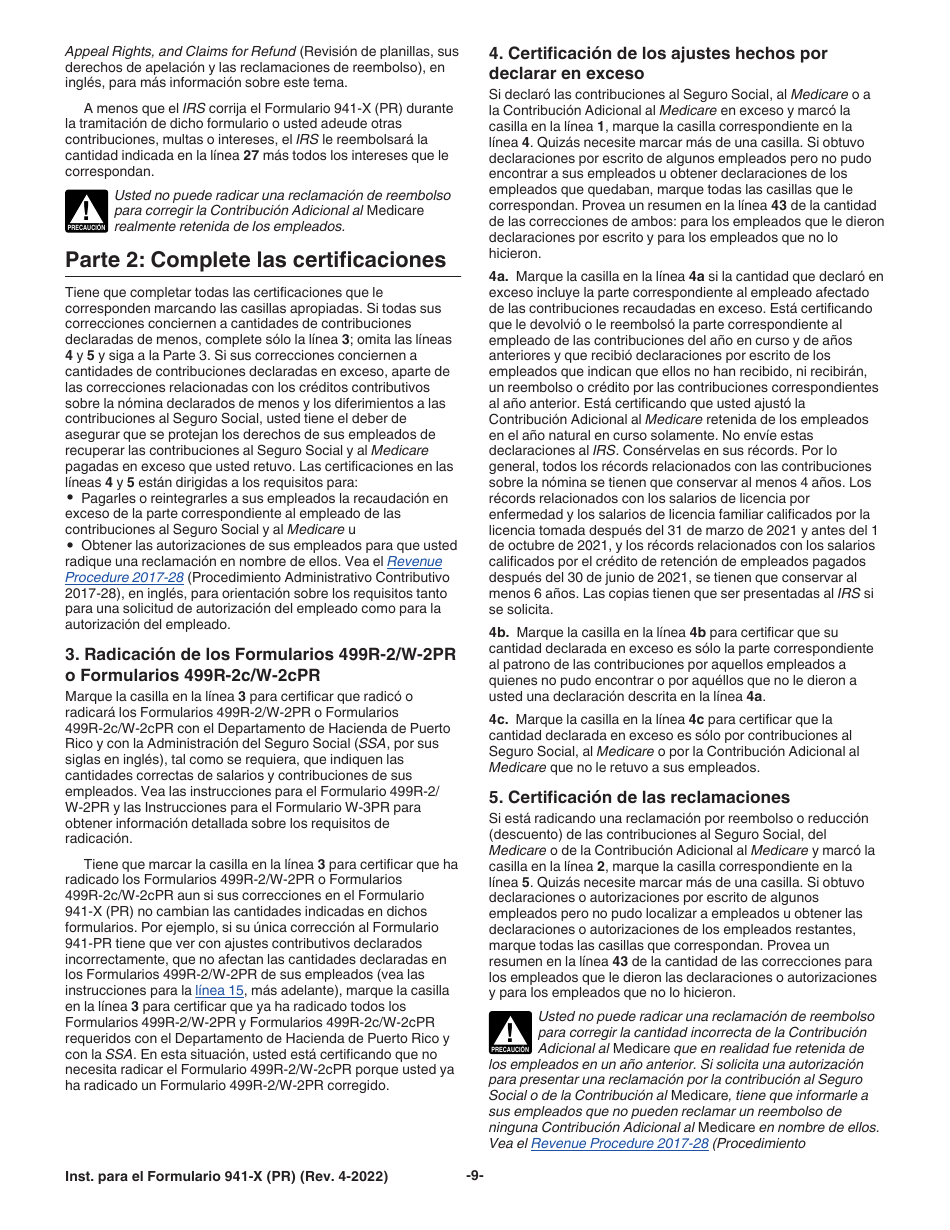 Instrucciones para IRS Formulario 941-X (PR) Ajuste a La Declaracion Federal Trimestral Del Patrono O Reclamacion De Reembolso (Puerto Rican Spanish), Page 9