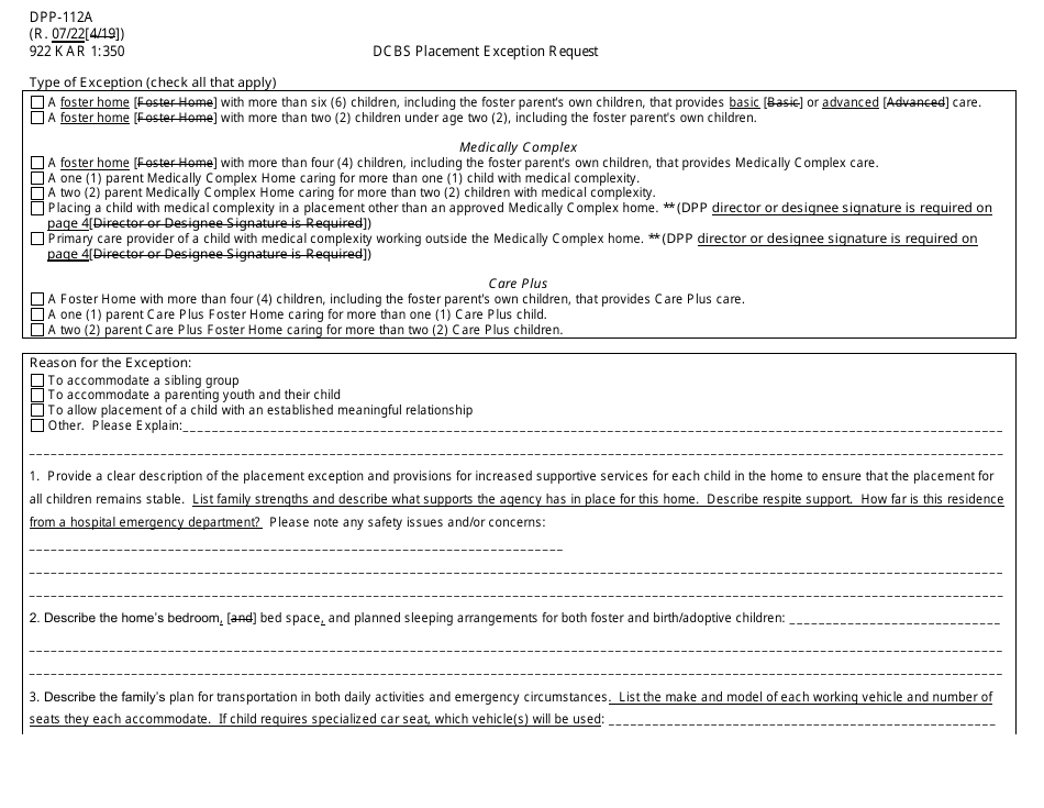 Form DPP-112A Dcbs Placement Exception Request - Kentucky, Page 2