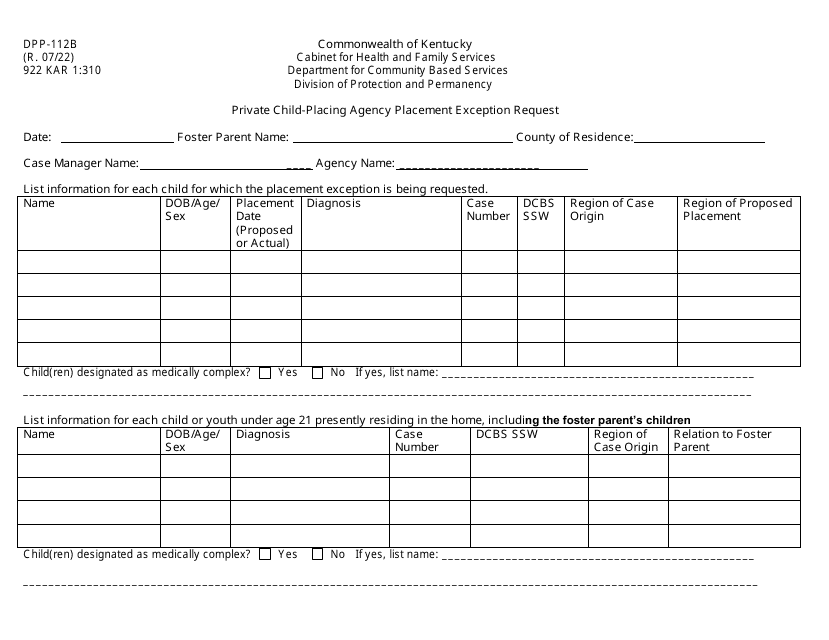 Form DPP-112B Private Child-Placing Agency Placement Exception Request - Kentucky