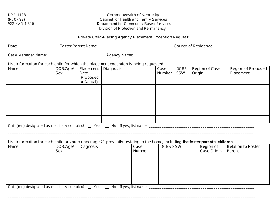 Form DPP-112B Private Child-Placing Agency Placement Exception Request - Kentucky, Page 1
