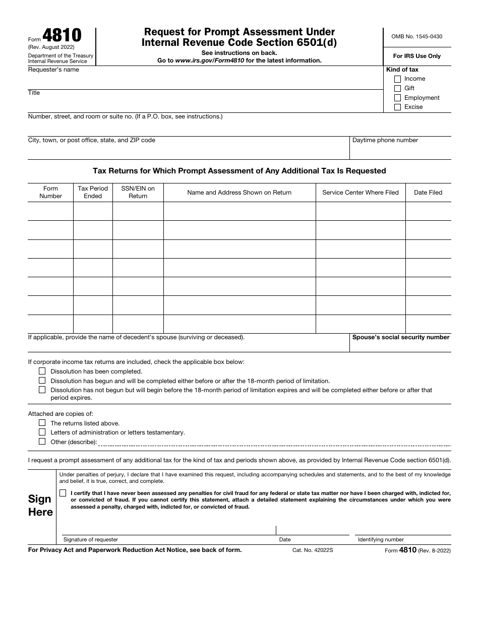 IRS Form 4810 Request for Prompt Assessment Under Internal Revenue Code Section 6501(D), Page 1