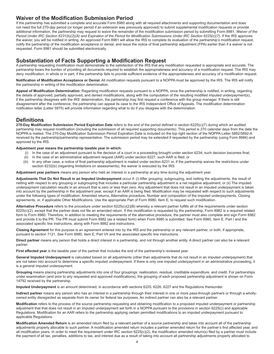 Instructions for IRS Form 8980 Partnership Request for Modification of Imputed Underpayments Under IRC Section 6225(C), Page 4
