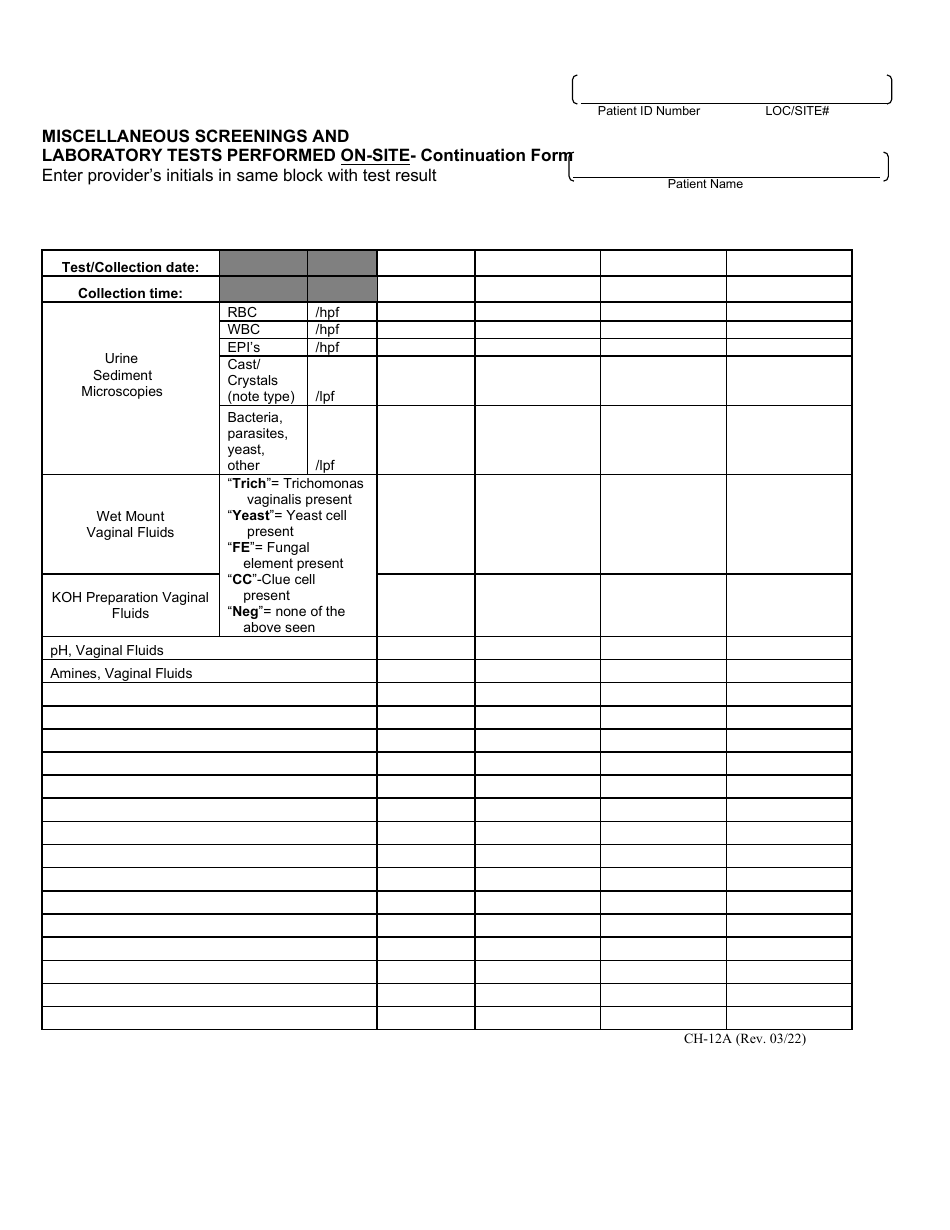 Form CH-12 Miscellaneous Screenings and Laboratory Tests Performed - Kentucky, Page 2