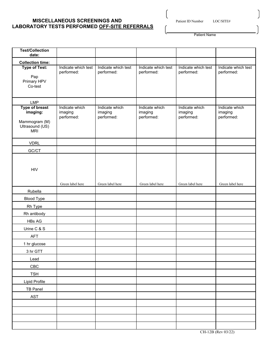 Form CH-12 Miscellaneous Screenings and Laboratory Tests Performed - Kentucky, Page 3