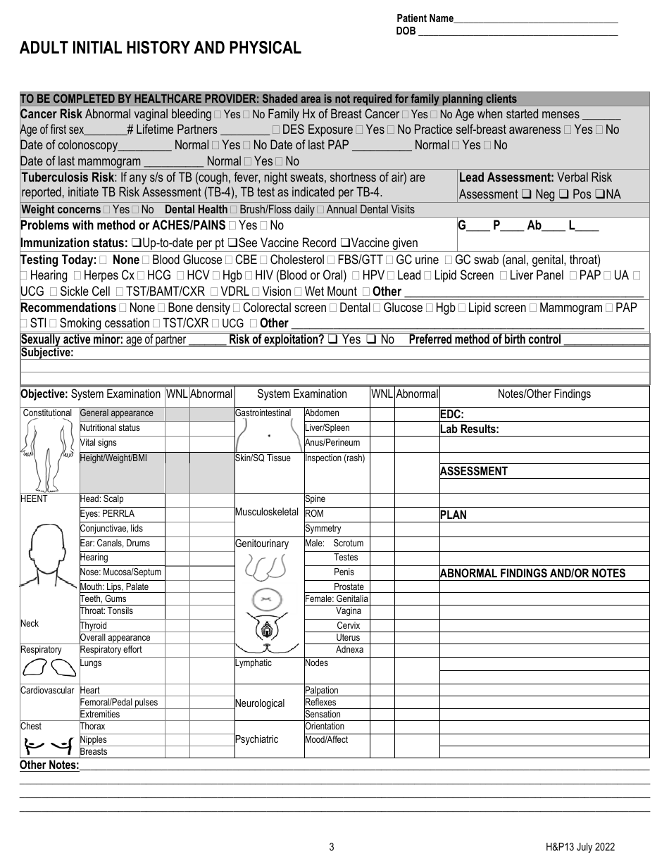 Form HP13 Adult Initial History and Physical - Kentucky, Page 3