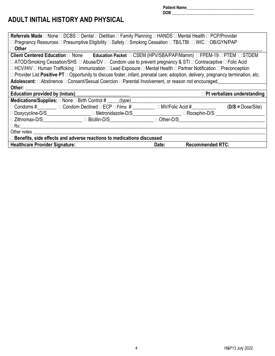 Form HP13 Adult Initial History and Physical - Kentucky, Page 4