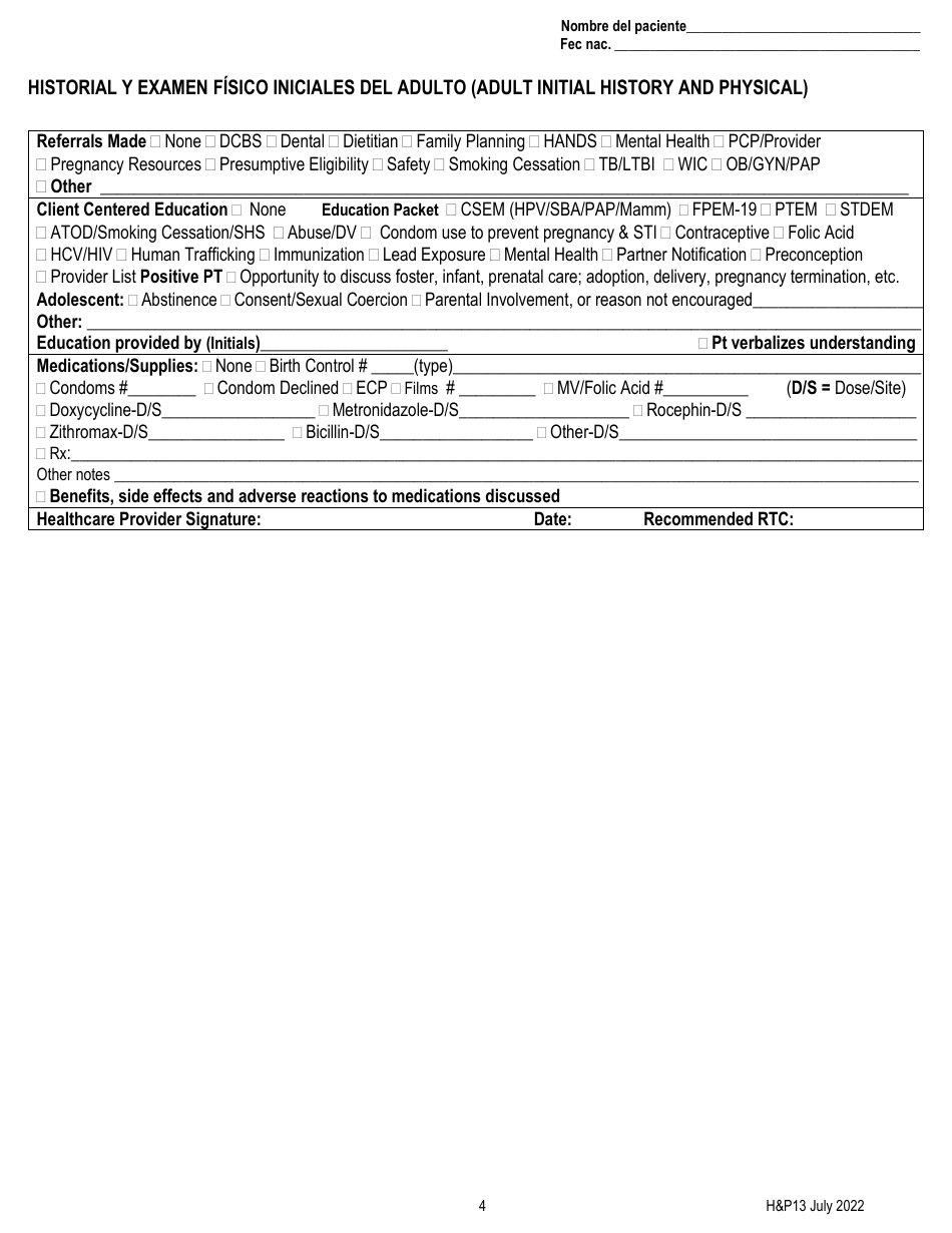 Formulario HP13 Historial Y Examen Fisico Iniciales Del Adulto - Kentucky (Spanish), Page 4