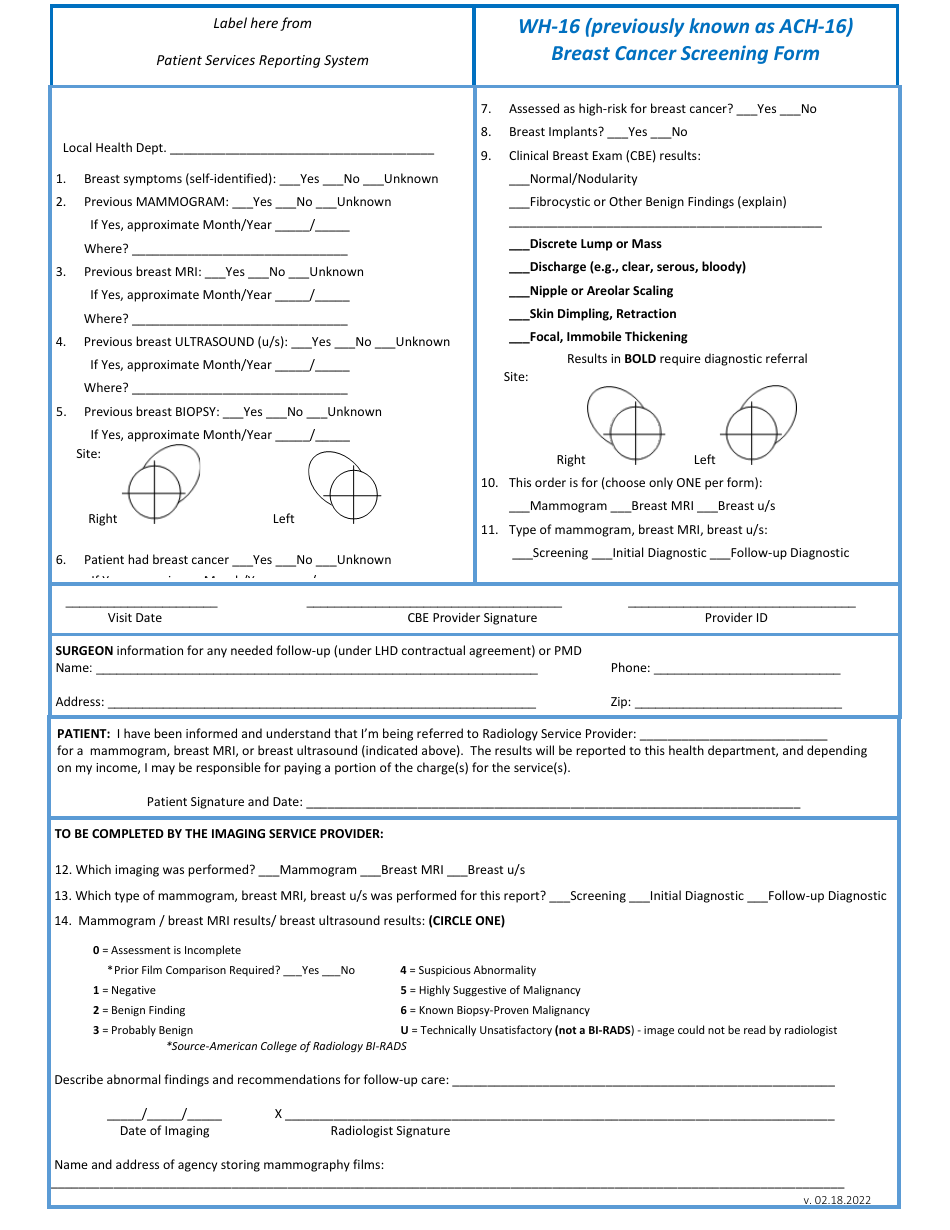 Form WH-16 Breast Cancer Screening Form - Kentucky, Page 1