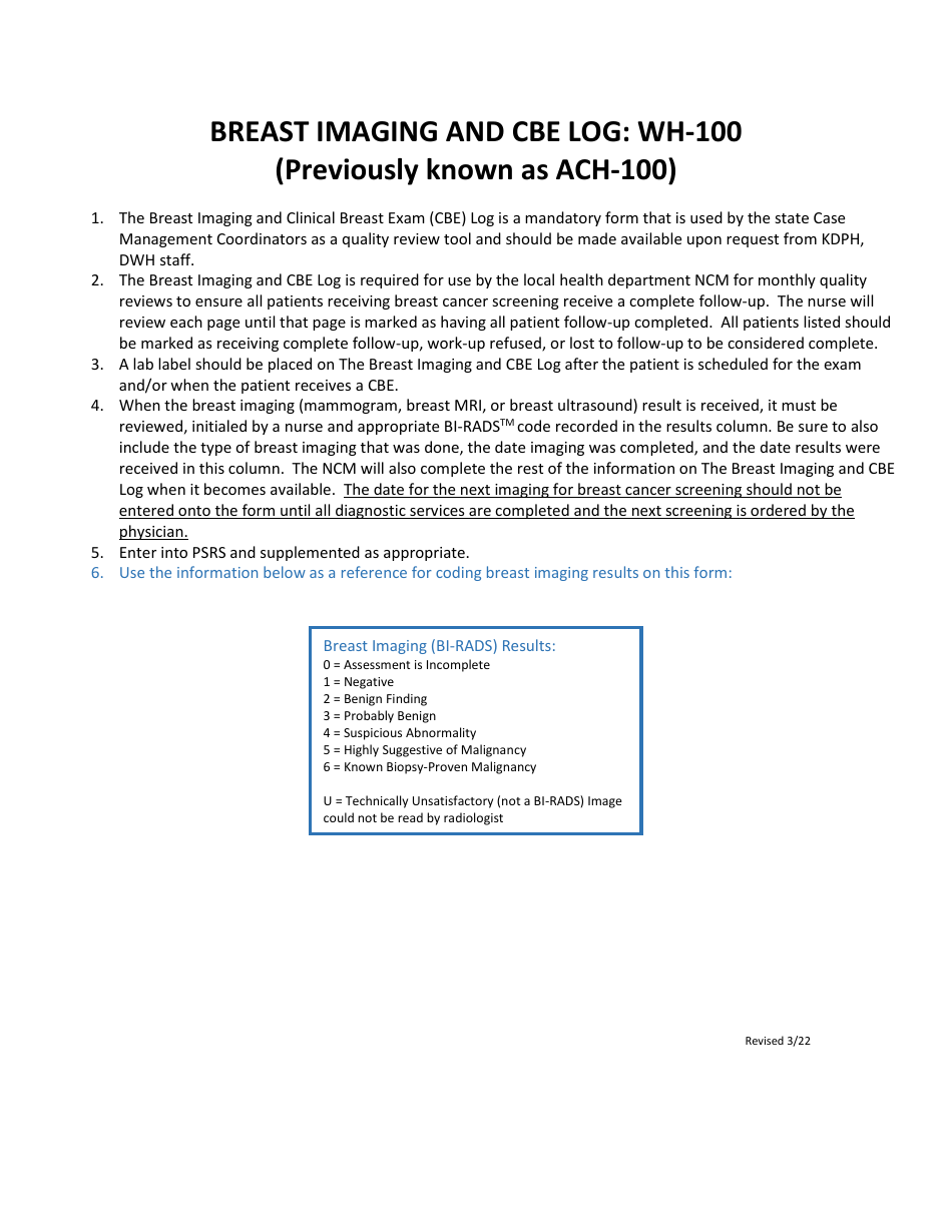 Form WH-100 Breast Imaging and Cbe Log - Kentucky, Page 1