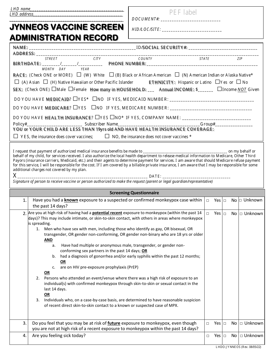 Form LHDO-JYNNEOS Jynneos Vaccine Screen Administration Record - Kentucky, Page 1