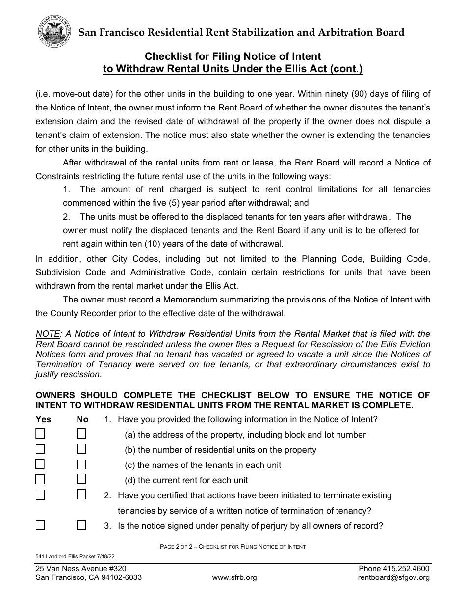 Form 541 Ellis Act Forms (Withdrawal of Residential Units From Rental Market) - City and County of San Francisco, California, Page 3