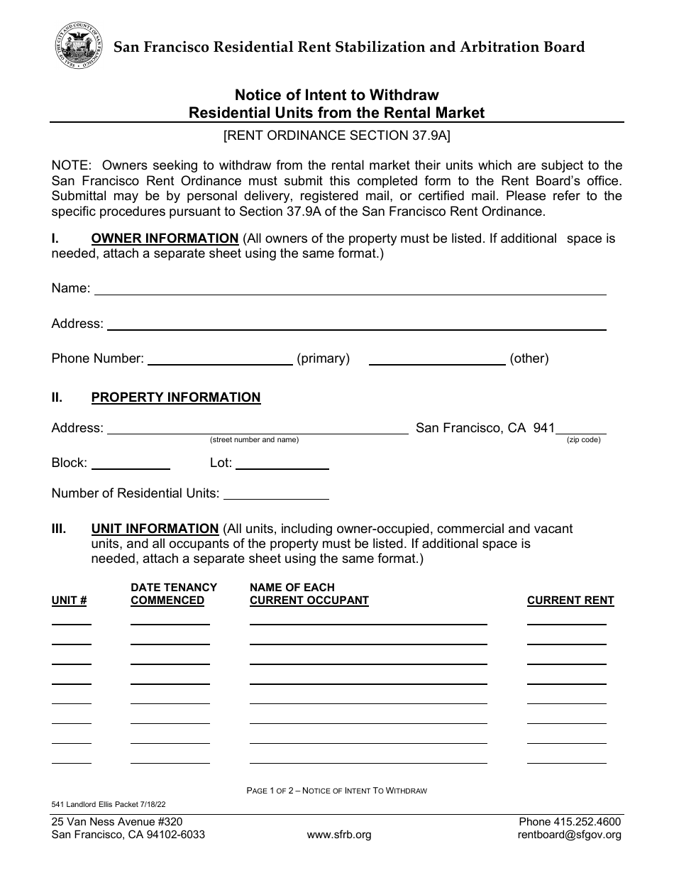 Form 541 Ellis Act Forms (Withdrawal of Residential Units From Rental Market) - City and County of San Francisco, California, Page 4