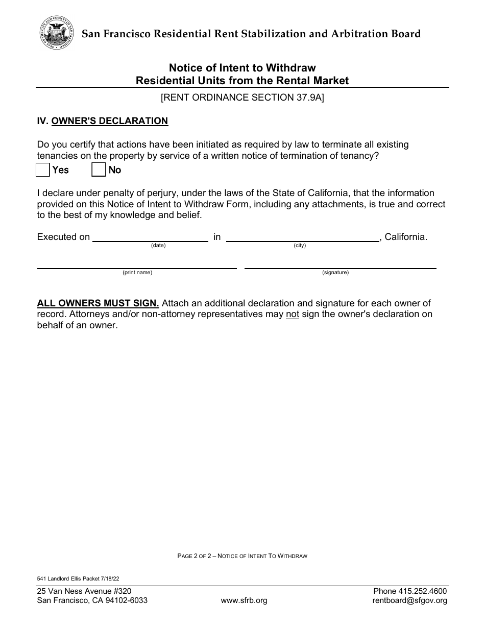 Form 541 Ellis Act Forms (Withdrawal of Residential Units From Rental Market) - City and County of San Francisco, California, Page 5
