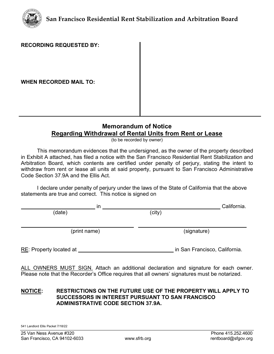 Form 541 Ellis Act Forms (Withdrawal of Residential Units From Rental Market) - City and County of San Francisco, California, Page 6