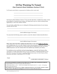 Document preview: Form 1008 Warning Letter to Tenant - 10 Days to Cure - City and County of San Francisco, California