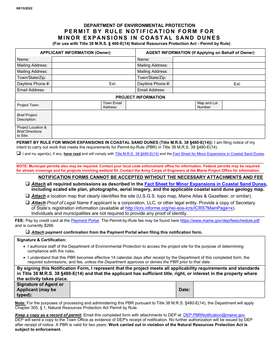 Permit by Rule Notification Form for Minor Expansions in Coastal Sand Dunes - Maine, Page 1
