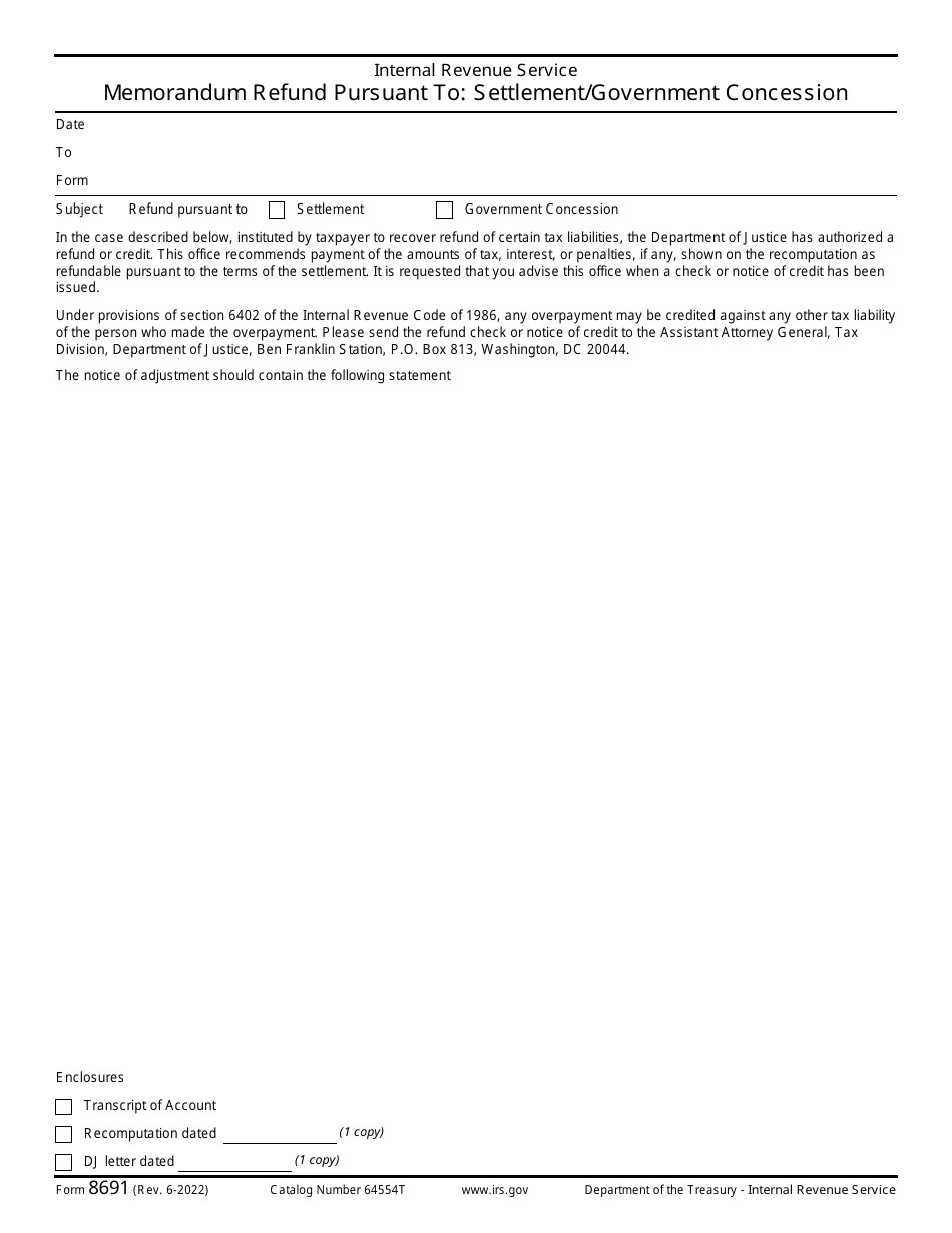 IRS Form 8691 Memorandum Refund Pursuant to: Settlement / Government Concession, Page 1