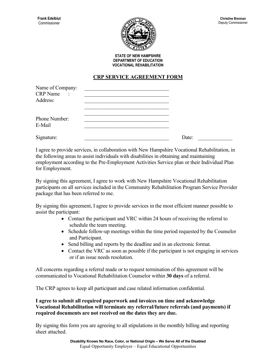 Crp Service Agreement Form - New Hampshire, Page 1