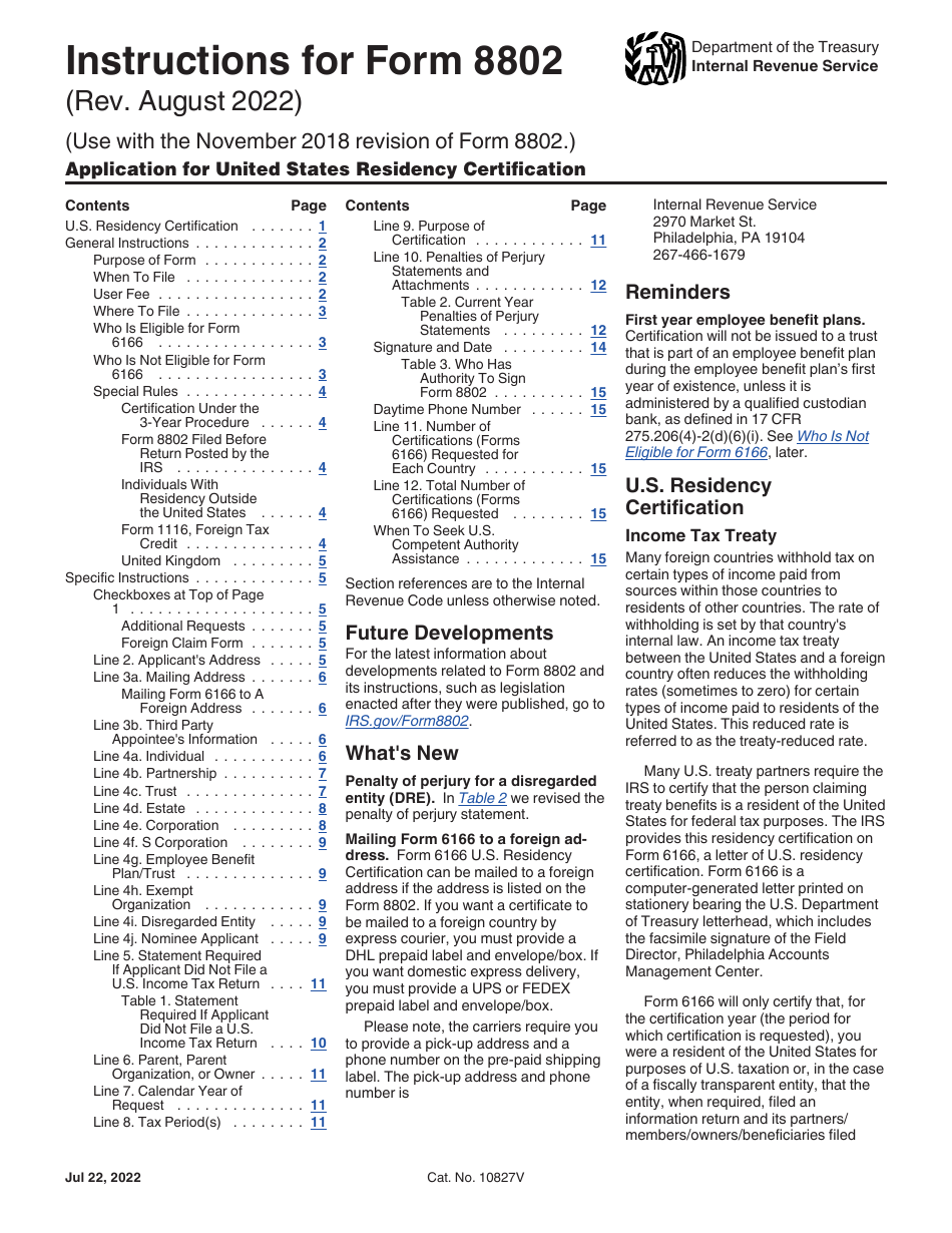 Instructions for IRS Form 8802 Application for United States Residency Certification, Page 1