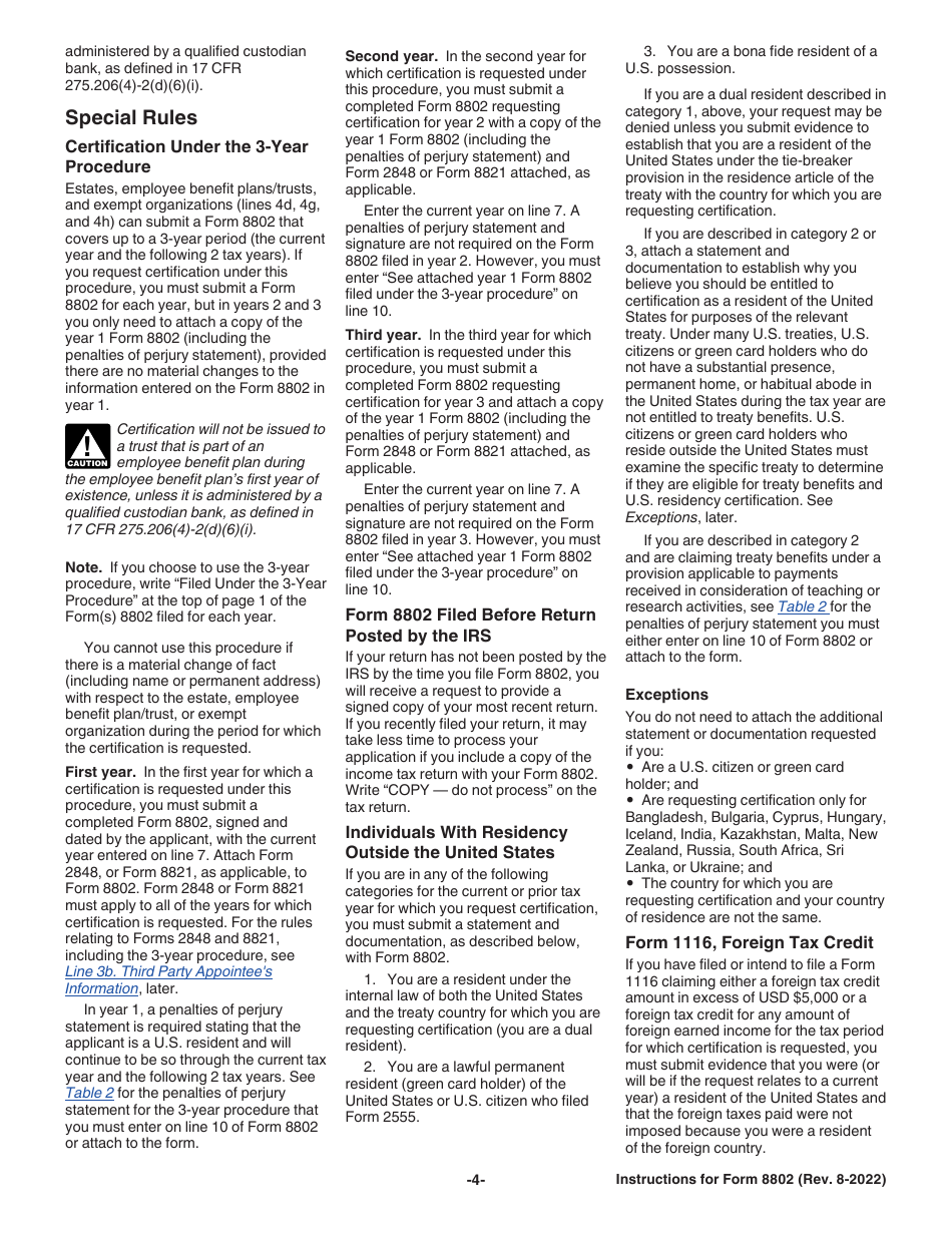 Instructions for IRS Form 8802 Application for United States Residency Certification, Page 4