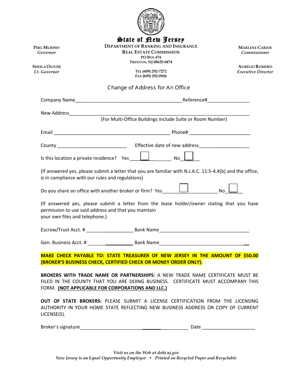 New Jersey Change of Address for an Office Fill Out, Sign Online and
