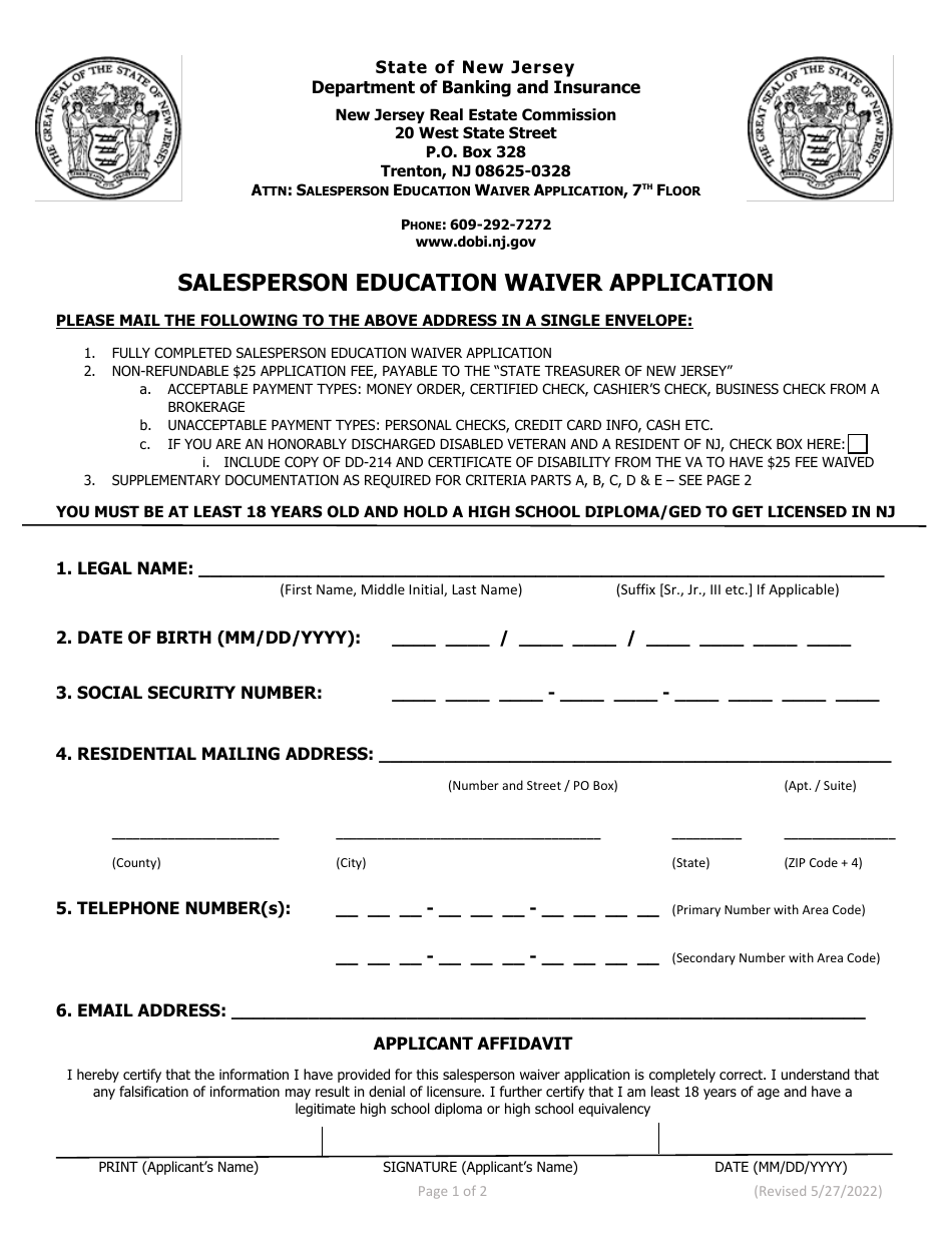 Salesperson Education Waiver Application - New Jersey, Page 1