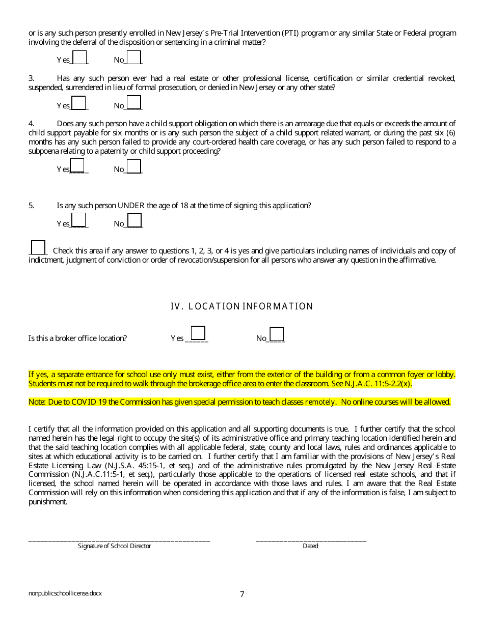 Application for Real Estate School License for Non-public School - New Jersey, Page 7