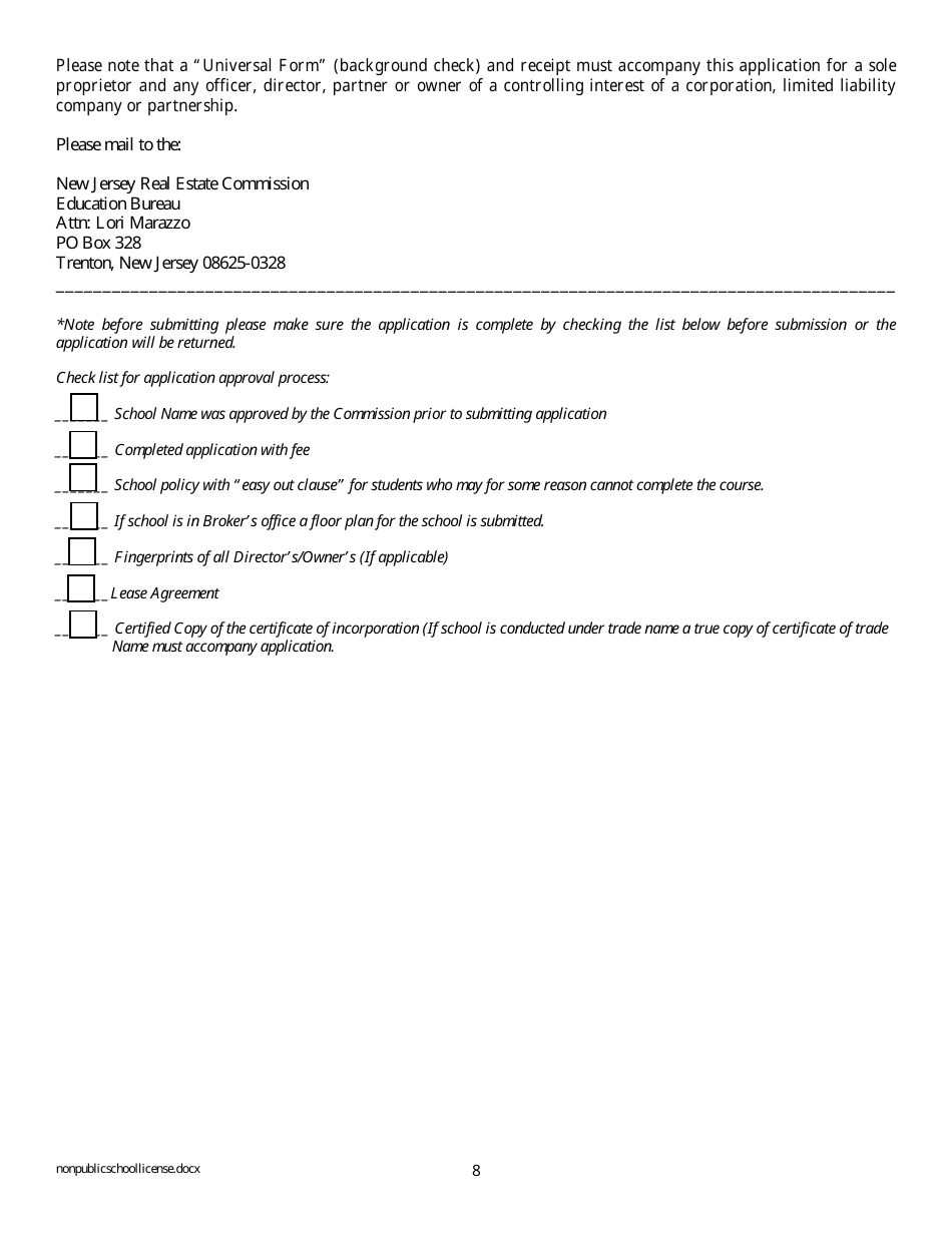 Application for Real Estate School License for Non-public School - New Jersey, Page 8