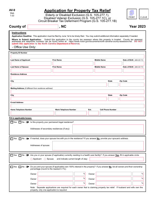 Form AV-9 Application for Property Tax Relief - North Carolina, 2023