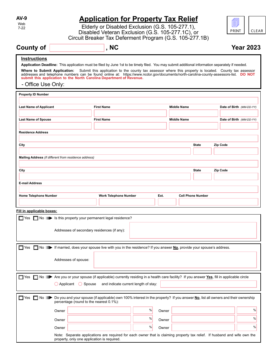 Form AV-9 Application for Property Tax Relief - North Carolina, Page 1