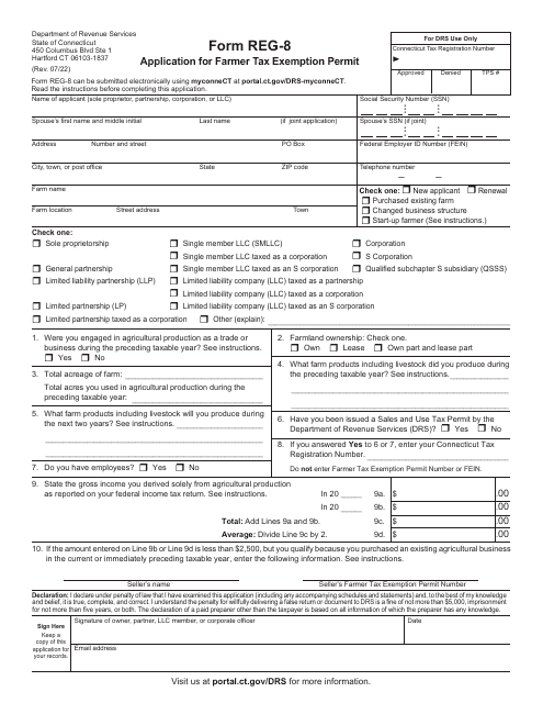 Form REG-8 Application for Farmer Tax Exemption Permit - Connecticut