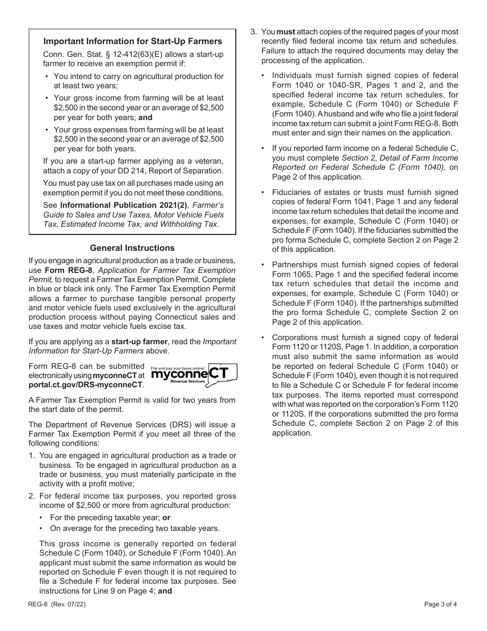 Form REG-8 Application for Farmer Tax Exemption Permit - Connecticut, Page 3