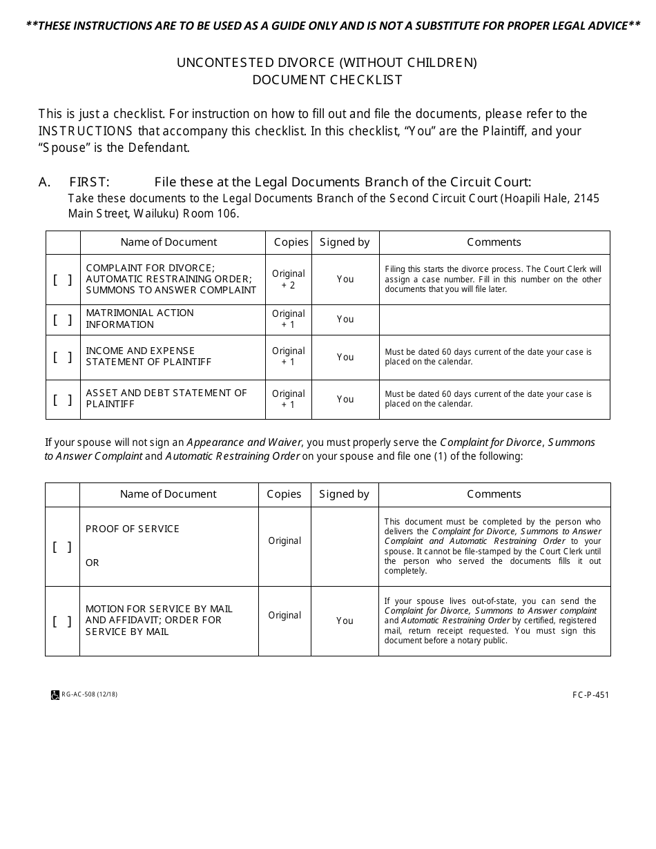 Form 2F-P-451 Uncontested Divorce (Without Children) Document Checklist - Hawaii, Page 1