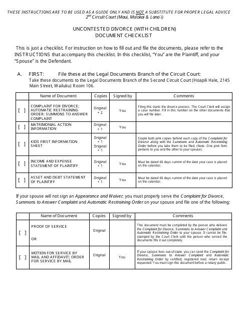 Form 2F-P-452 Uncontested Divorce (With Children) Document Checklist - Hawaii
